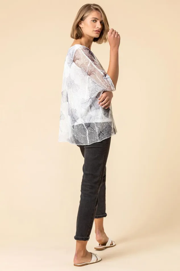 Grey Mesh Overlay Leaf Print Top Women Roman Tops