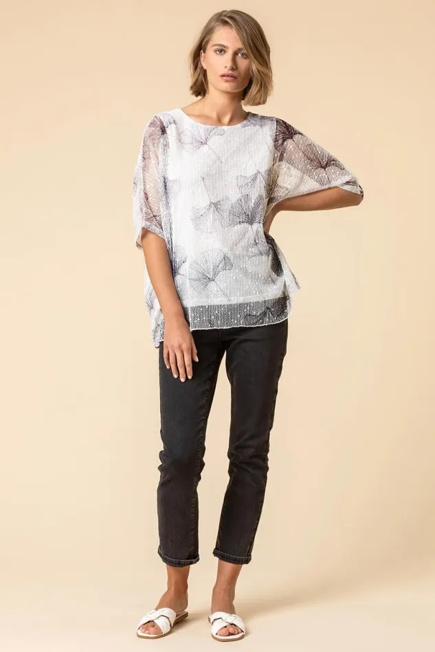 Grey Mesh Overlay Leaf Print Top Women Roman Tops