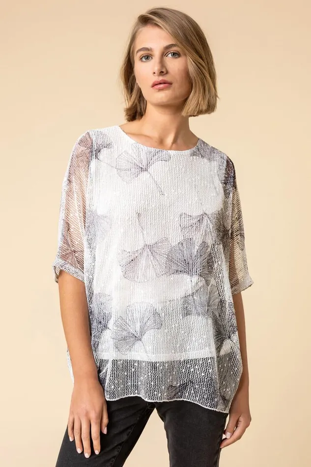 Grey Mesh Overlay Leaf Print Top Women Roman Tops