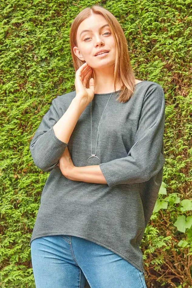 Grey Necklace Detail Batwing Slouch Lounge Top Women Roman Tops