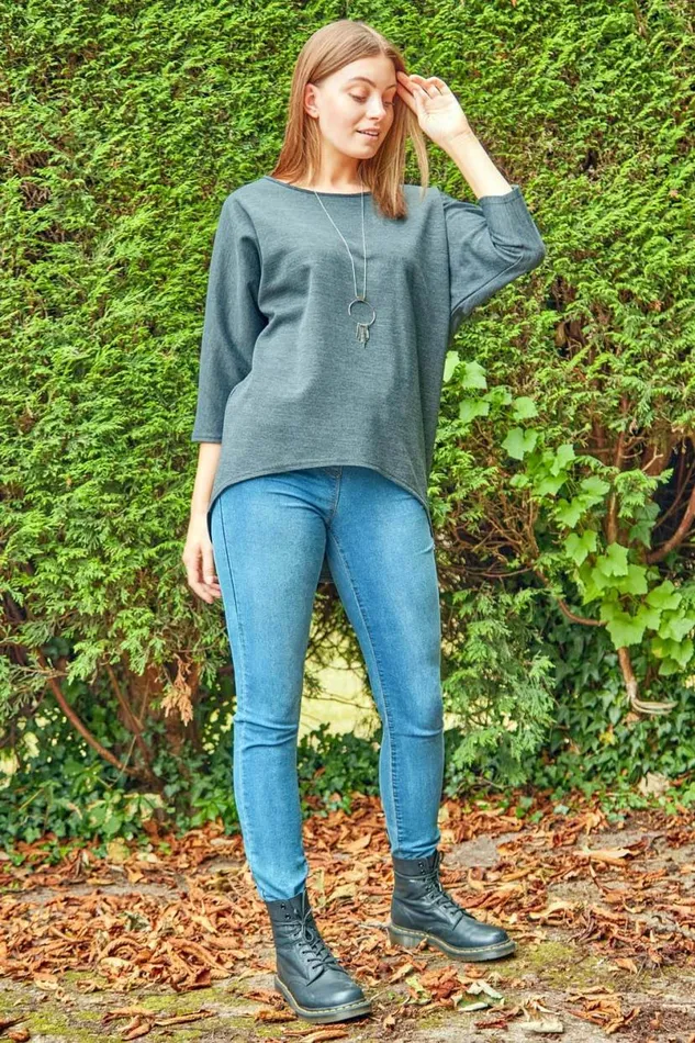 Grey Necklace Detail Batwing Slouch Lounge Top Women Roman Tops