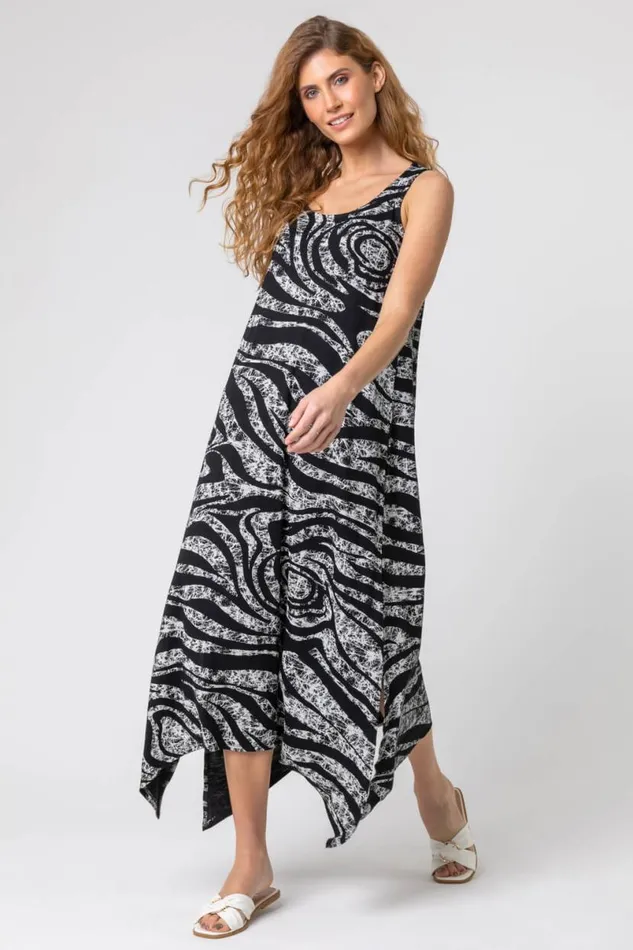 Grey Zebra Print Hanky Hem Maxi Dress Women Roman Dresses