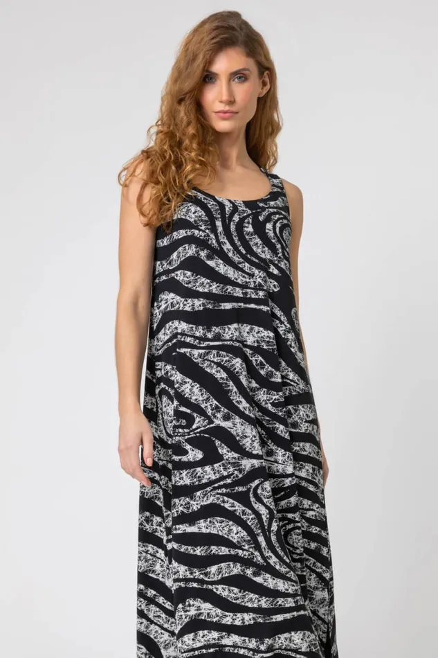 Grey Zebra Print Hanky Hem Maxi Dress Women Roman Dresses