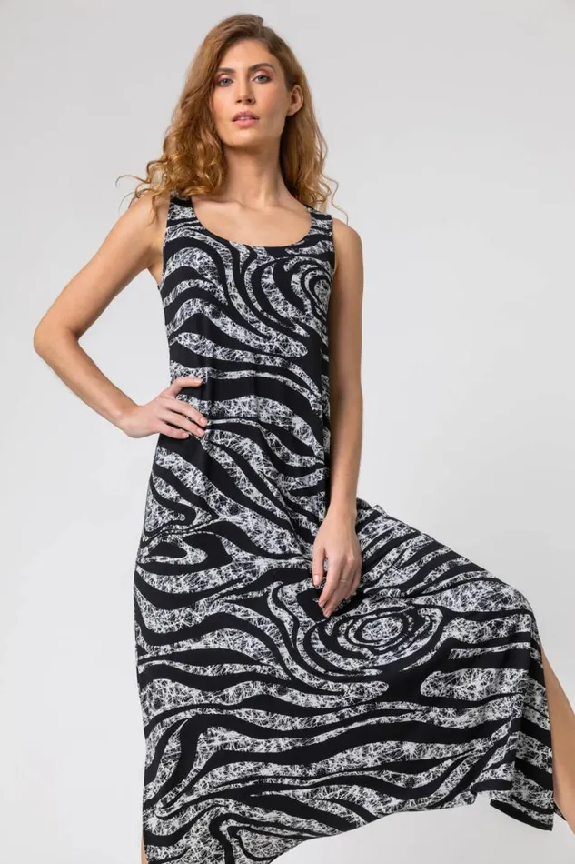 Grey Zebra Print Hanky Hem Maxi Dress Women Roman Dresses