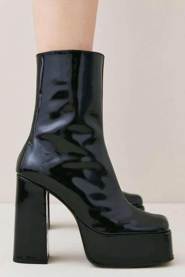 Heels Women Karen Millen Leather Patent Platform Boot Black