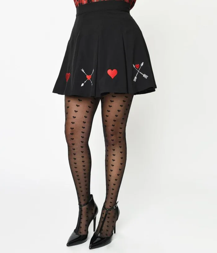 Hell Bunny Black and Embroidered Heart Border Amy Fit and Flare Skirt ClothingPlus Unique Vintage Skirts