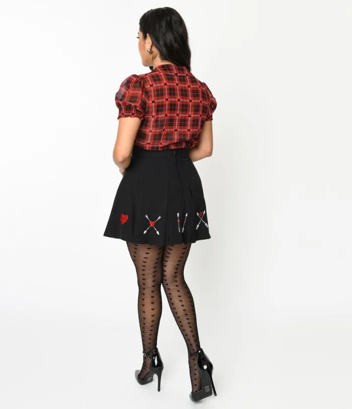 Hell Bunny Black and Embroidered Heart Border Amy Fit and Flare Skirt ClothingPlus Unique Vintage Skirts