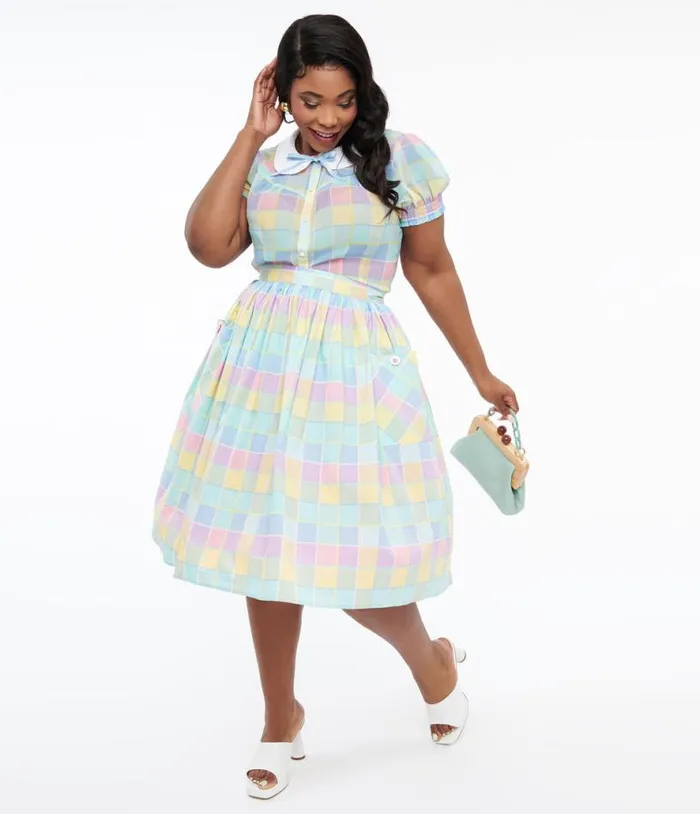Hell Bunny Plus Size 1950s Pastel Check Cotton Skye Swing Skirt ClothingPlus Unique Vintage Skirts