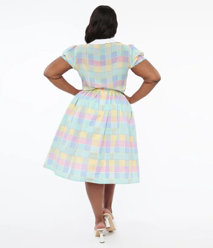 Hell Bunny Plus Size 1950s Pastel Check Cotton Skye Swing Skirt ClothingPlus Unique Vintage Skirts