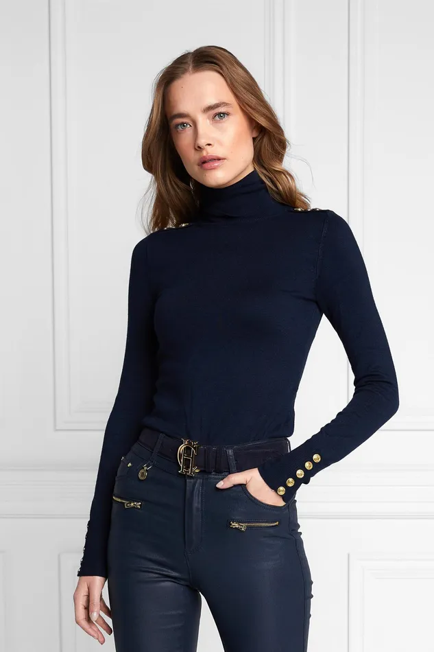 Holland Cooper Buttoned Knit Roll Neck Ink Navy Women Knitwear Holland Cooper Buttoned Knit Roll Neck Ink Navy Women Knitwear