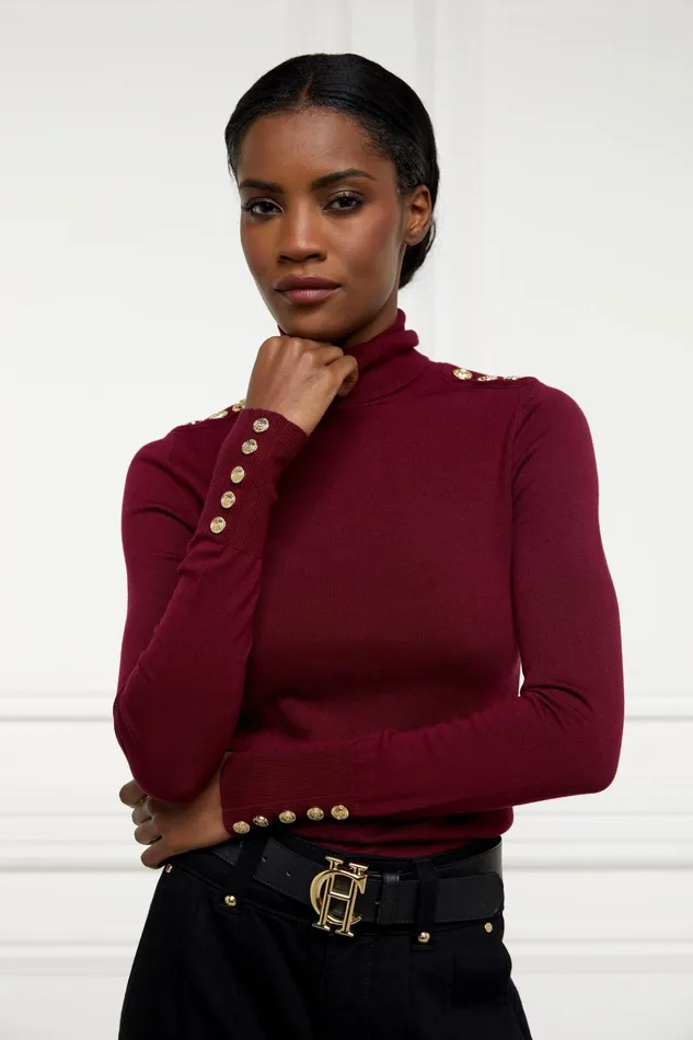 Holland Cooper Buttoned Knit Roll Neck Wine Women Knitwear