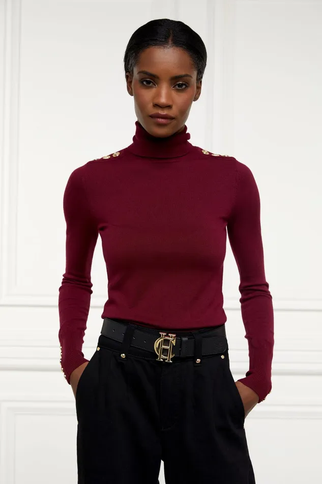 Holland Cooper Buttoned Knit Roll Neck Wine Women Knitwear Holland Cooper Buttoned Knit Roll Neck Wine Women Knitwear