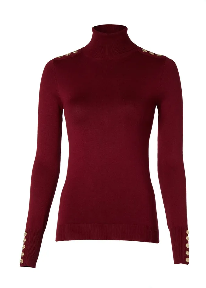 Holland Cooper Buttoned Knit Roll Neck Wine Women Knitwear Holland Cooper Buttoned Knit Roll Neck Wine Women Knitwear