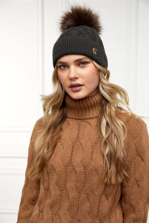 Holland Cooper Cortina Bobble Hat Fern Green Mink Women Hats and Headbands