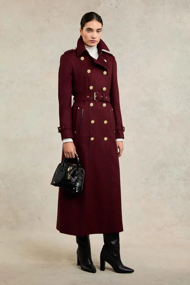 Holland Cooper Full Length Marlborough Trench Coat Red Houndstooth Women Trench Coats