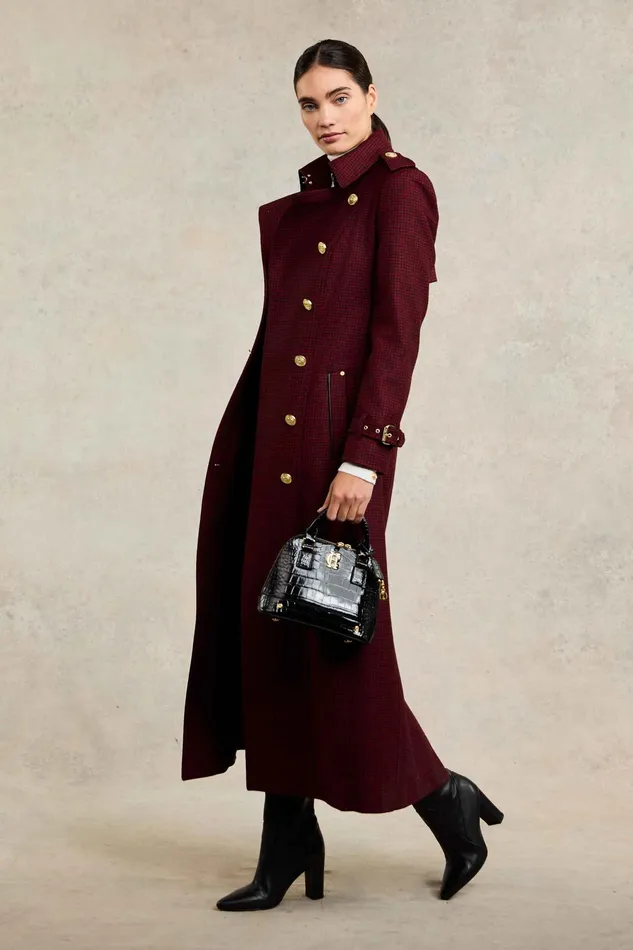 Holland Cooper Full Length Marlborough Trench Coat Red Houndstooth Women Trench Coats