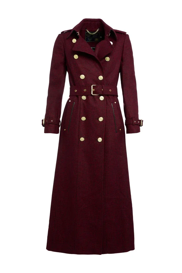 Holland Cooper Full Length Marlborough Trench Coat Red Houndstooth Women Trench Coats