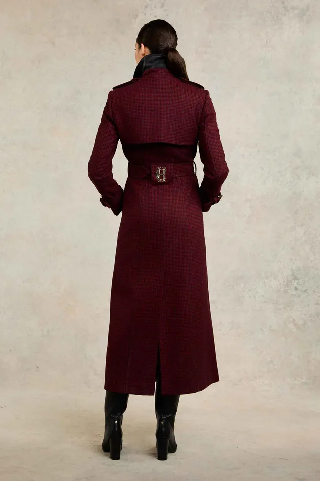 Holland Cooper Full Length Marlborough Trench Coat Red Houndstooth Women Trench Coats
