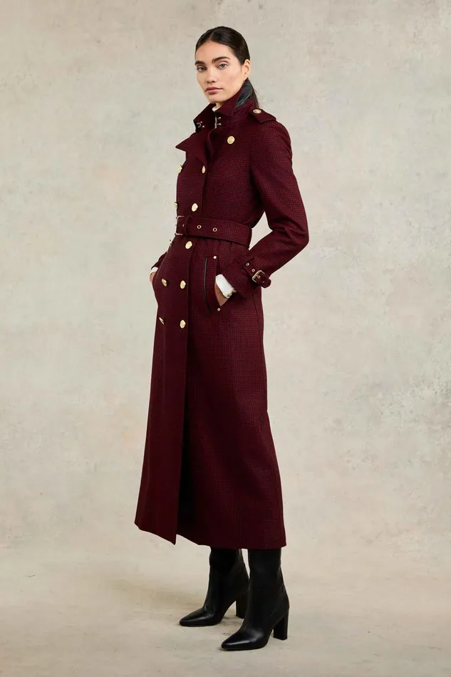 Holland Cooper Full Length Marlborough Trench Coat Red Houndstooth Women Trench Coats