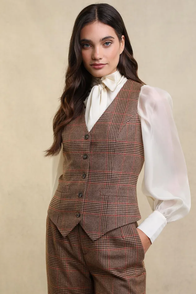 Holland Cooper Hampton Waistcoat Clarence Check Merlot Women Waistcoats