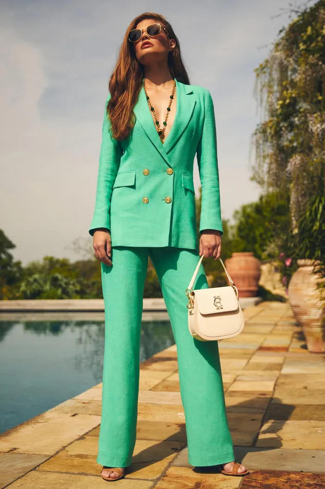Holland Cooper High Waisted Straight Trouser Jade Linen Women Tailoring