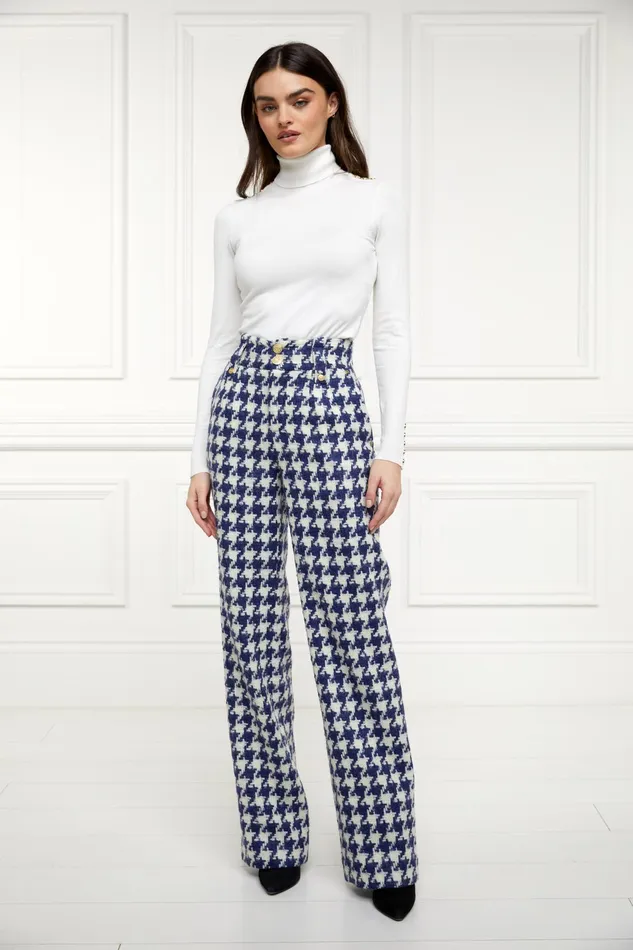 Holland Cooper High Waisted Straight Trouser Large Scale Navy Houndstooth Women Tailoring