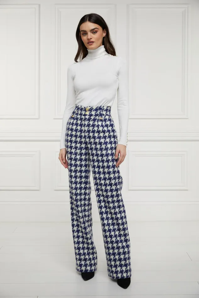 Holland Cooper High Waisted Straight Trouser Large Scale Navy Houndstooth Women Tailoring Holland Cooper High Waisted Straight Trouser Large Scale Navy Houndstooth Women Tailoring