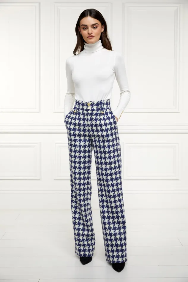 Holland Cooper High Waisted Straight Trouser Large Scale Navy Houndstooth Women Tailoring Holland Cooper High Waisted Straight Trouser Large Scale Navy Houndstooth Women Tailoring