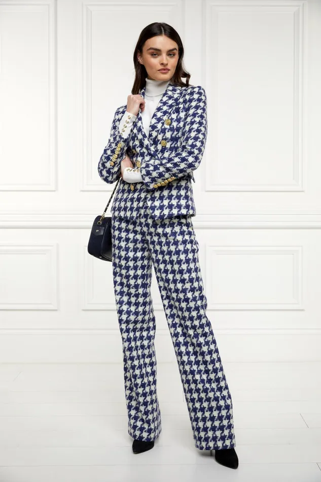 Holland Cooper High Waisted Straight Trouser Large Scale Navy Houndstooth Women Tailoring Holland Cooper High Waisted Straight Trouser Large Scale Navy Houndstooth Women Tailoring