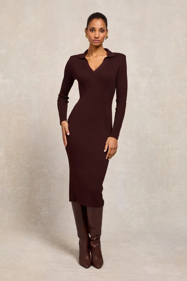 Holland Cooper Knitted Shirt Dress Chocolate Women Dresses