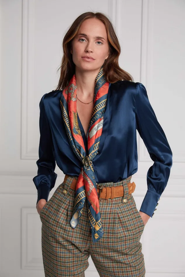 Holland Cooper Regal Horse Silk Scarf Ink Navy Neroli Women Scarves