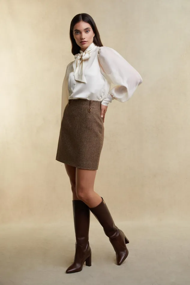 Holland Cooper Regency Skirt Large Scale Brown Herringbone Women Skirts