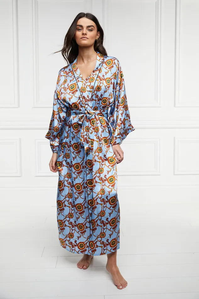 Holland Cooper Silk Full Length Dressing Gown Sky Blue Women Sleepwear Holland Cooper Silk Full Length Dressing Gown Sky Blue Women Sleepwear