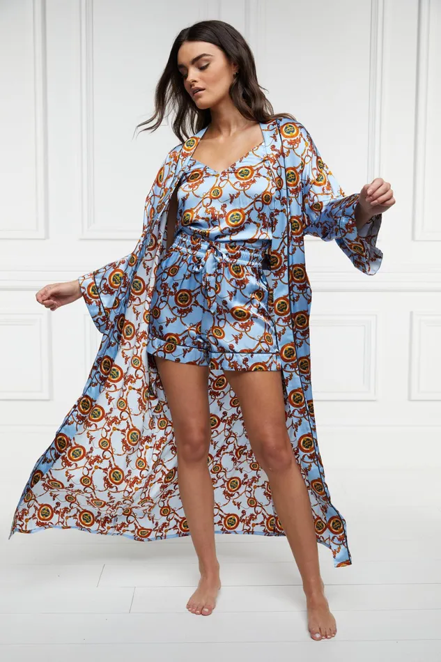 Holland Cooper Silk Full Length Dressing Gown Sky Blue Women Sleepwear Holland Cooper Silk Full Length Dressing Gown Sky Blue Women Sleepwear