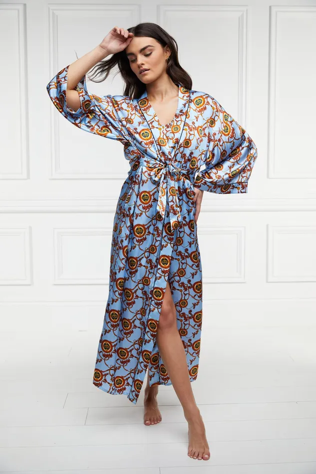 Holland Cooper Silk Full Length Dressing Gown Sky Blue Women Sleepwear Holland Cooper Silk Full Length Dressing Gown Sky Blue Women Sleepwear