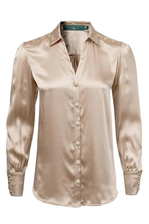 Holland Cooper Silk VNeck Blouse Champagne Women Shirts and Blouses Holland Cooper Silk VNeck Blouse Champagne Women Shirts and Blouses