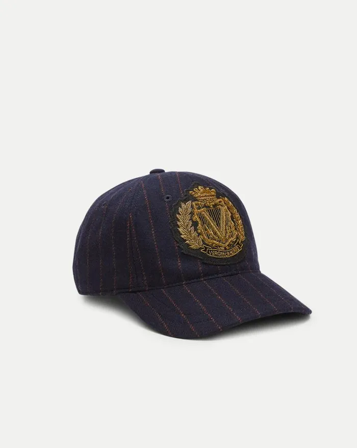 Home and Accessories Shop Veronica Beard Pinstriped Wool Baseball Cap Logo Crest Navy Multi