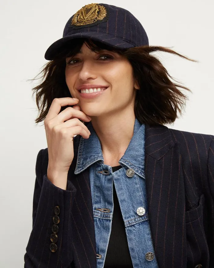 Home and Accessories Shop Veronica Beard Pinstriped Wool Baseball Cap Logo Crest Navy Multi