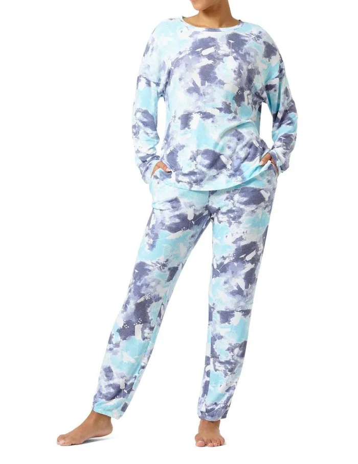 Hue Cloud Tiedye Cocktails Long Sleeve PJ Set Button Blue Women Plus Size
