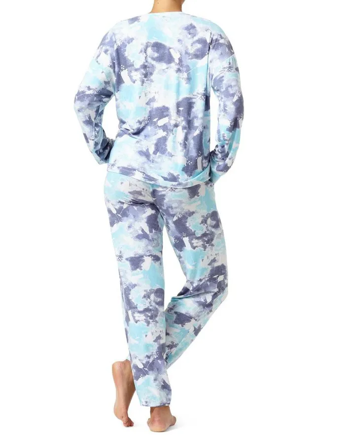 Hue Cloud Tiedye Cocktails Long Sleeve PJ Set Button Blue Women Plus Size