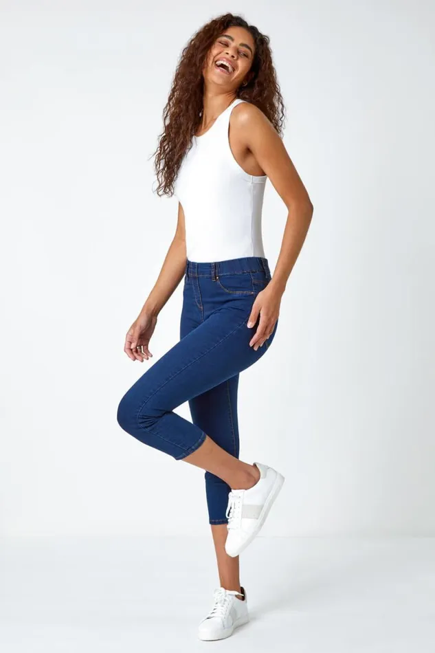 Indigo Elastic Waist Cropped Denim Jegging Women Roman Coords