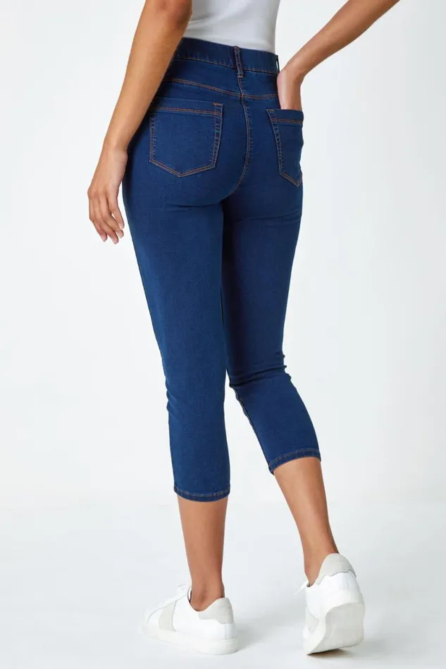 Indigo Elastic Waist Cropped Denim Jegging Women Roman Coords