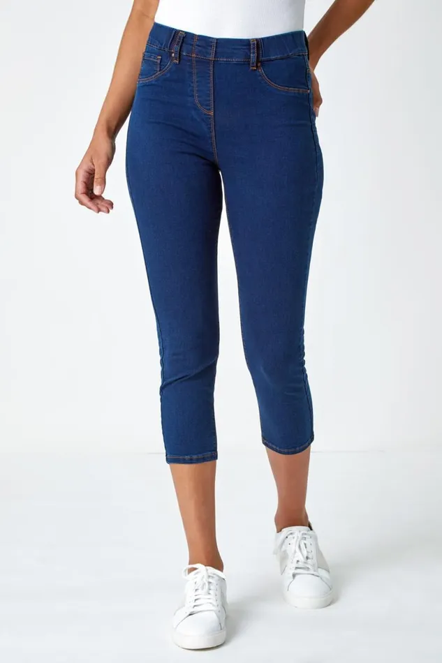 Indigo Elastic Waist Cropped Denim Jegging Women Roman Coords