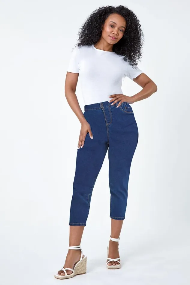 Indigo Petite Elastic Waist Crop Denim Jegging Women Roman Trousers