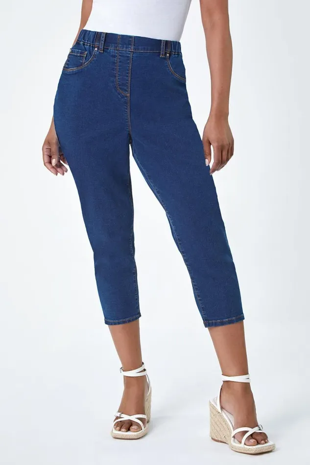 Indigo Petite Elastic Waist Crop Denim Jegging Women Roman Trousers