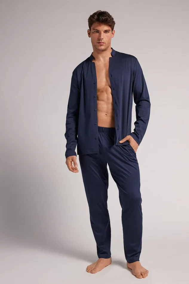Intimissimi Long Pajamas Men Open Front Full Length Pajamas In Cotton Blue 490j 8211 Navy Blue
