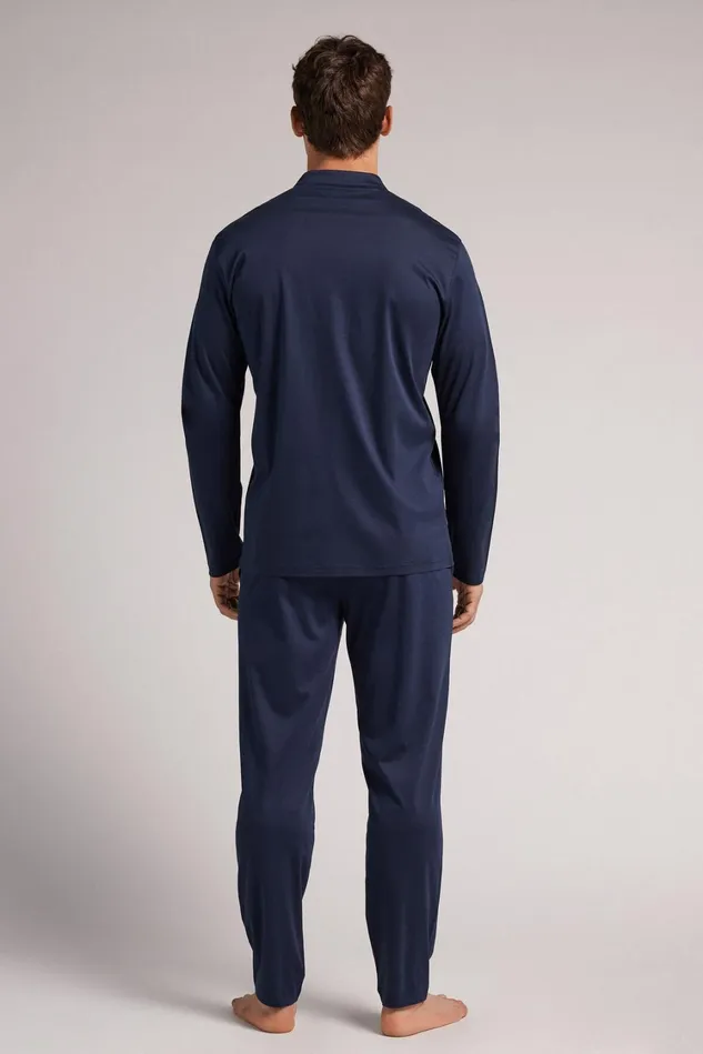 Intimissimi Long Pajamas Men Open Front Full Length Pajamas In Cotton Blue 490j 8211 Navy Blue
