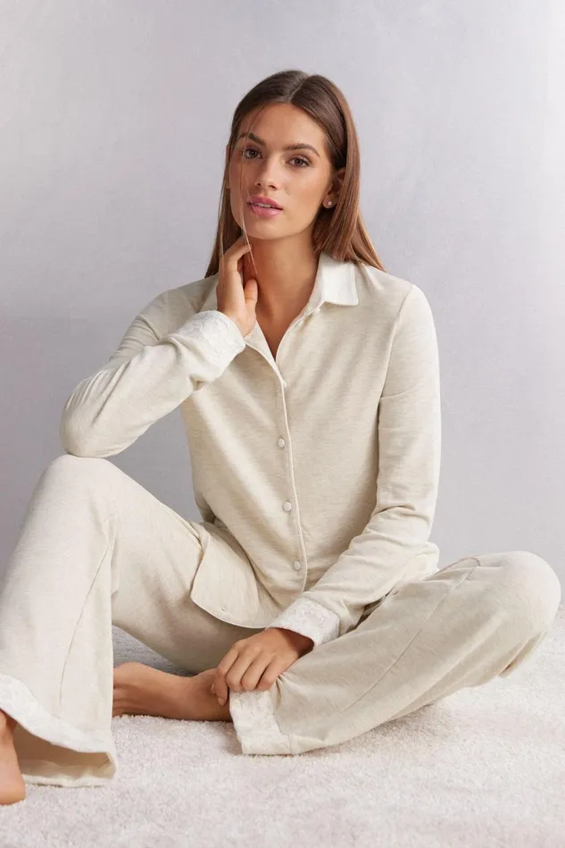 Intimissimi Long Pajamas Women Baby Its Cold Outside Modal And Wool Button Up Shirt Natural 460j 8211 Naturale Melange