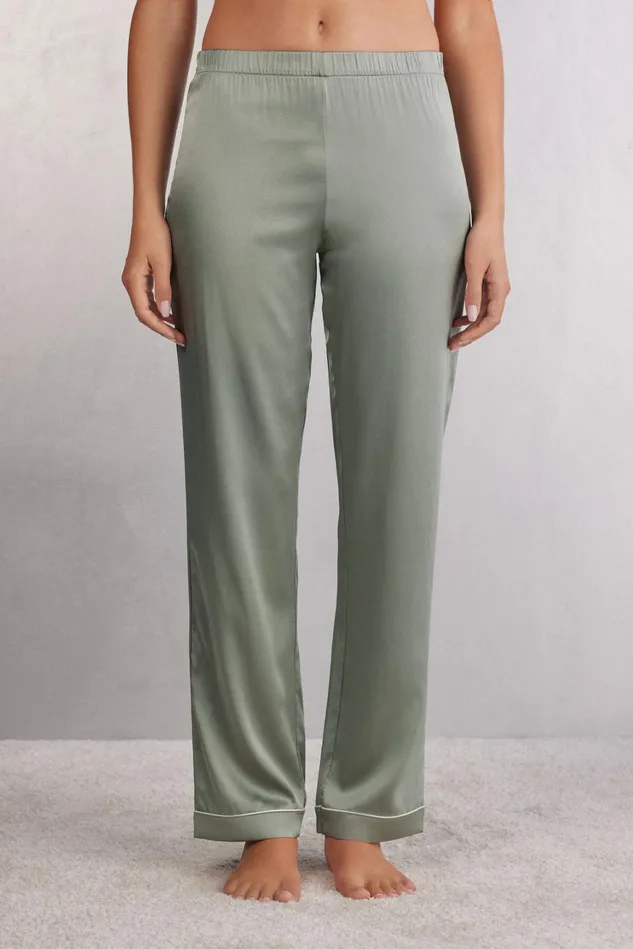 Intimissimi Long Pajamas Women Full Length Silk Pants 657j 8211 Fade Green
