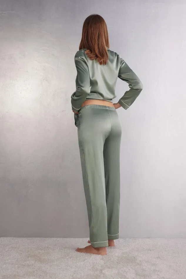 Intimissimi Long Pajamas Women Full Length Silk Pants 657j 8211 Fade Green